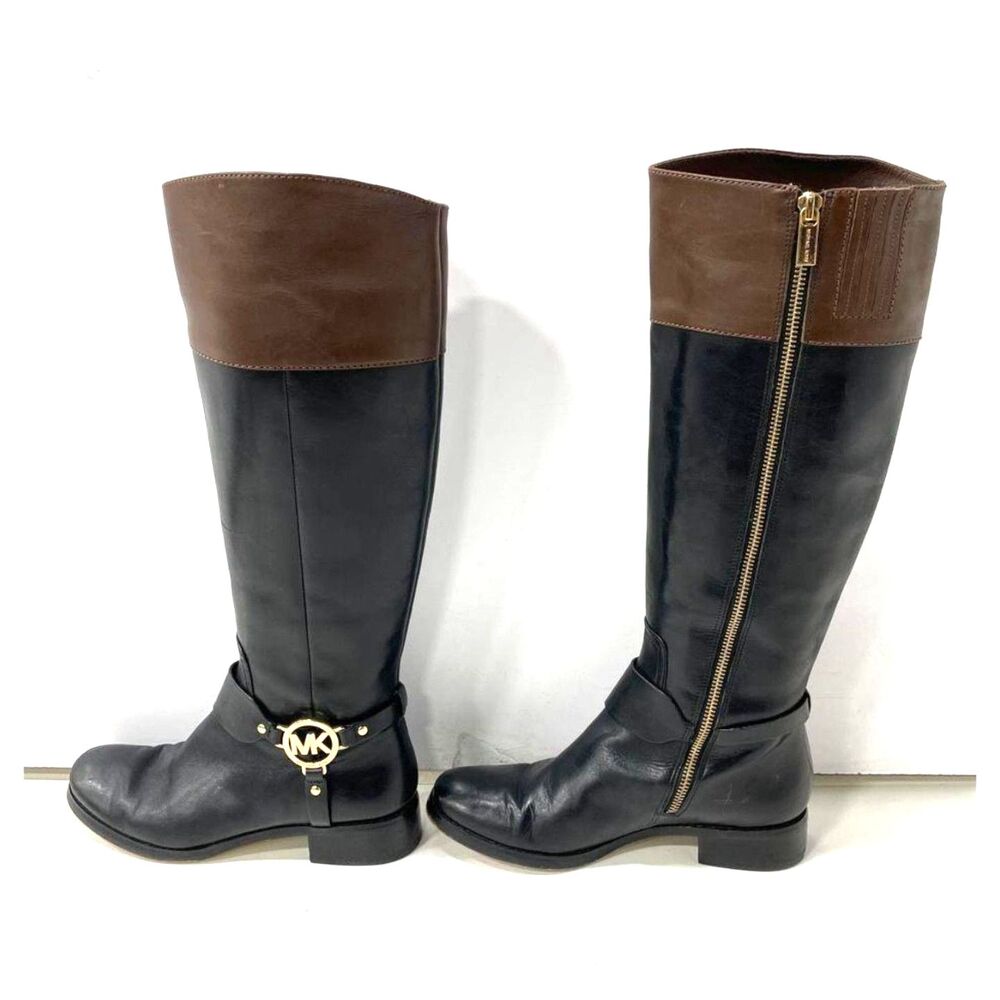 Michael Kors Fulton Harness Two Tone Black Brown Leather Riding Boots 6.5